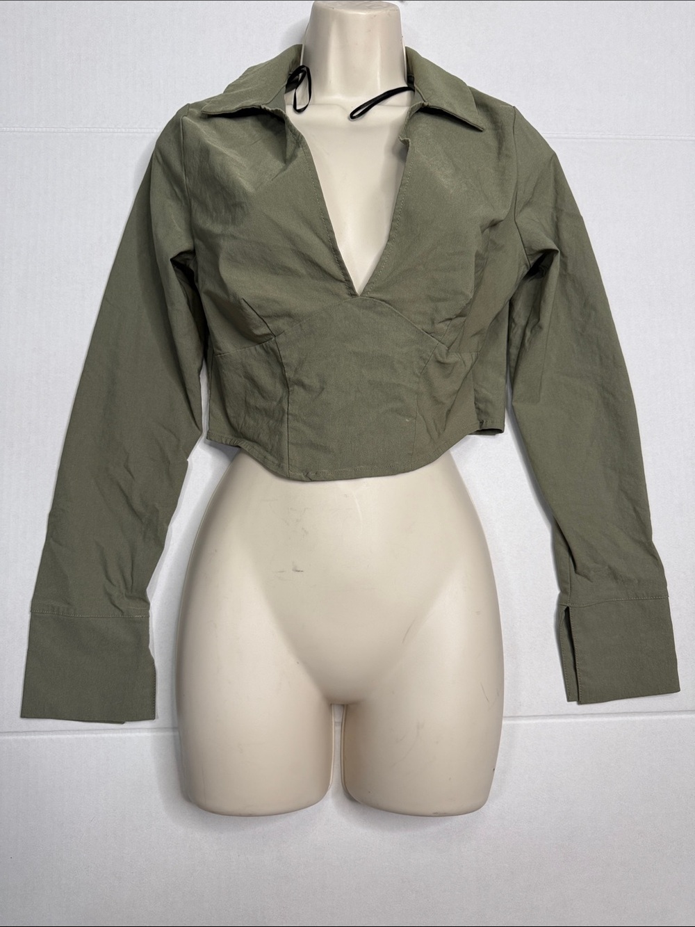 Divided Olive Green Cropped Collared Long-Sleeve Blouse